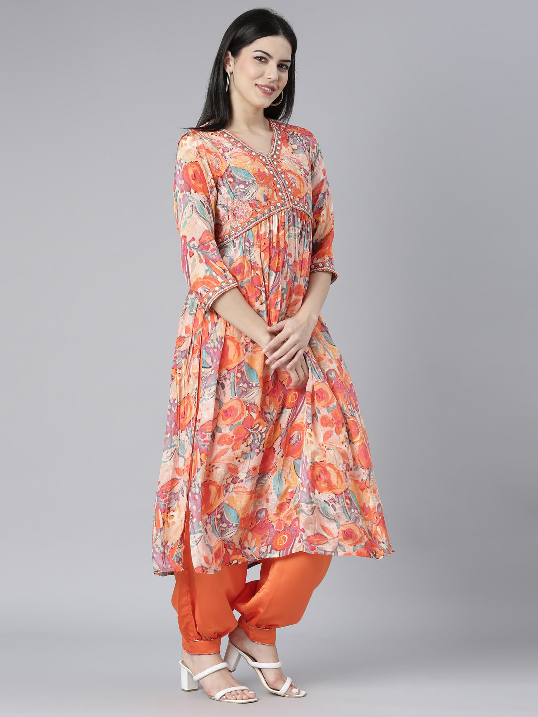 Neerus Orange printed floral kurta set - back view