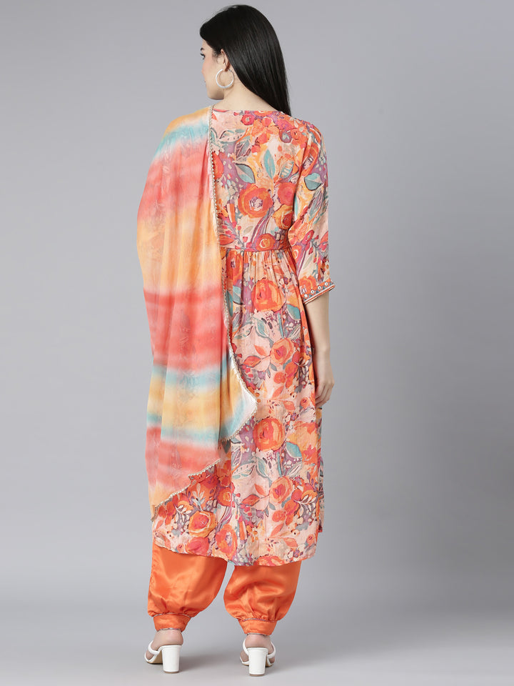 Neerus Orange printed floral kurta set - side view