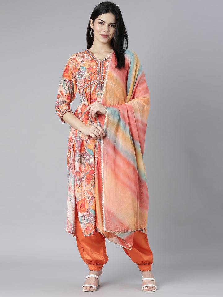 Neerus Orange printed floral kurta set - detail view 2