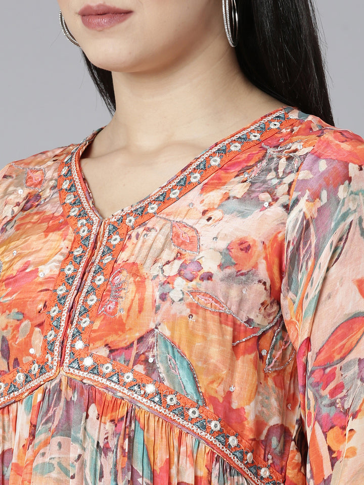 Neerus Orange printed floral kurta set - detail view 1