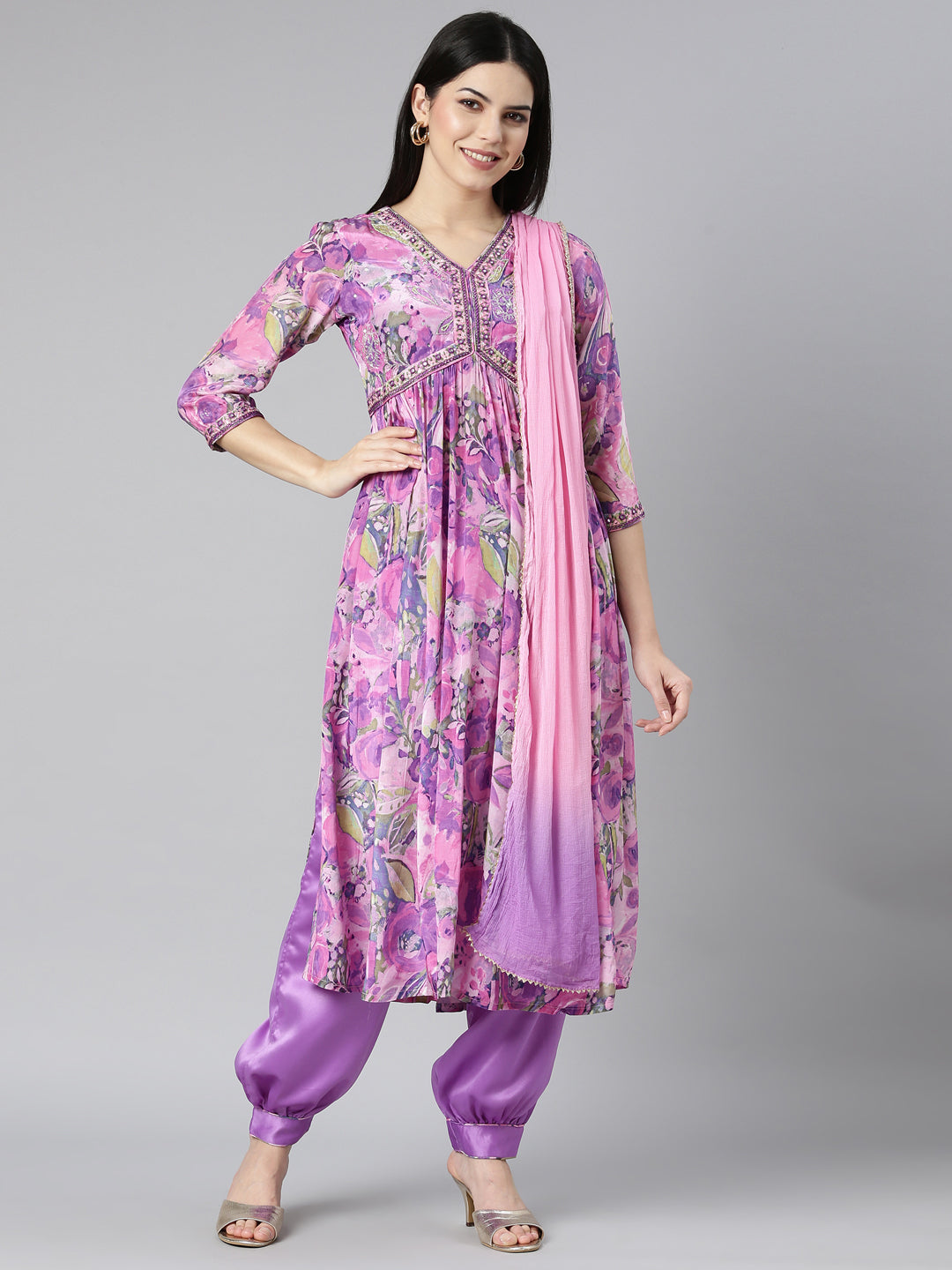 Neerus Purple crepe printed kurta set with dupatta - front view