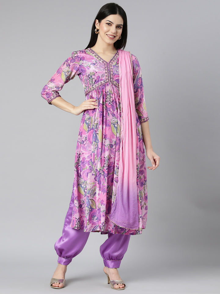 Neerus Purple crepe printed kurta set with dupatta - front view