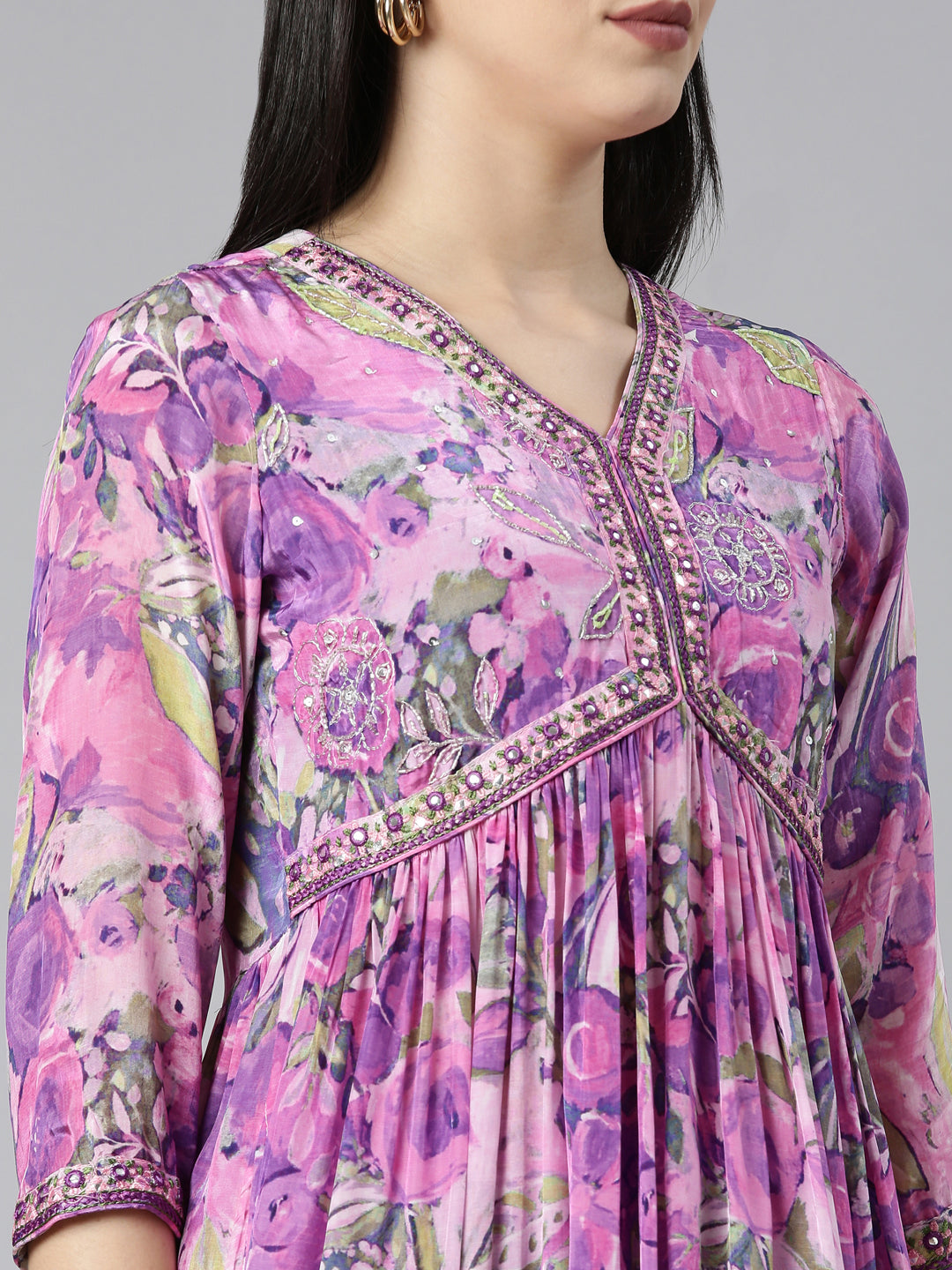 Neerus Purple crepe printed kurta set with dupatta - detail view 1