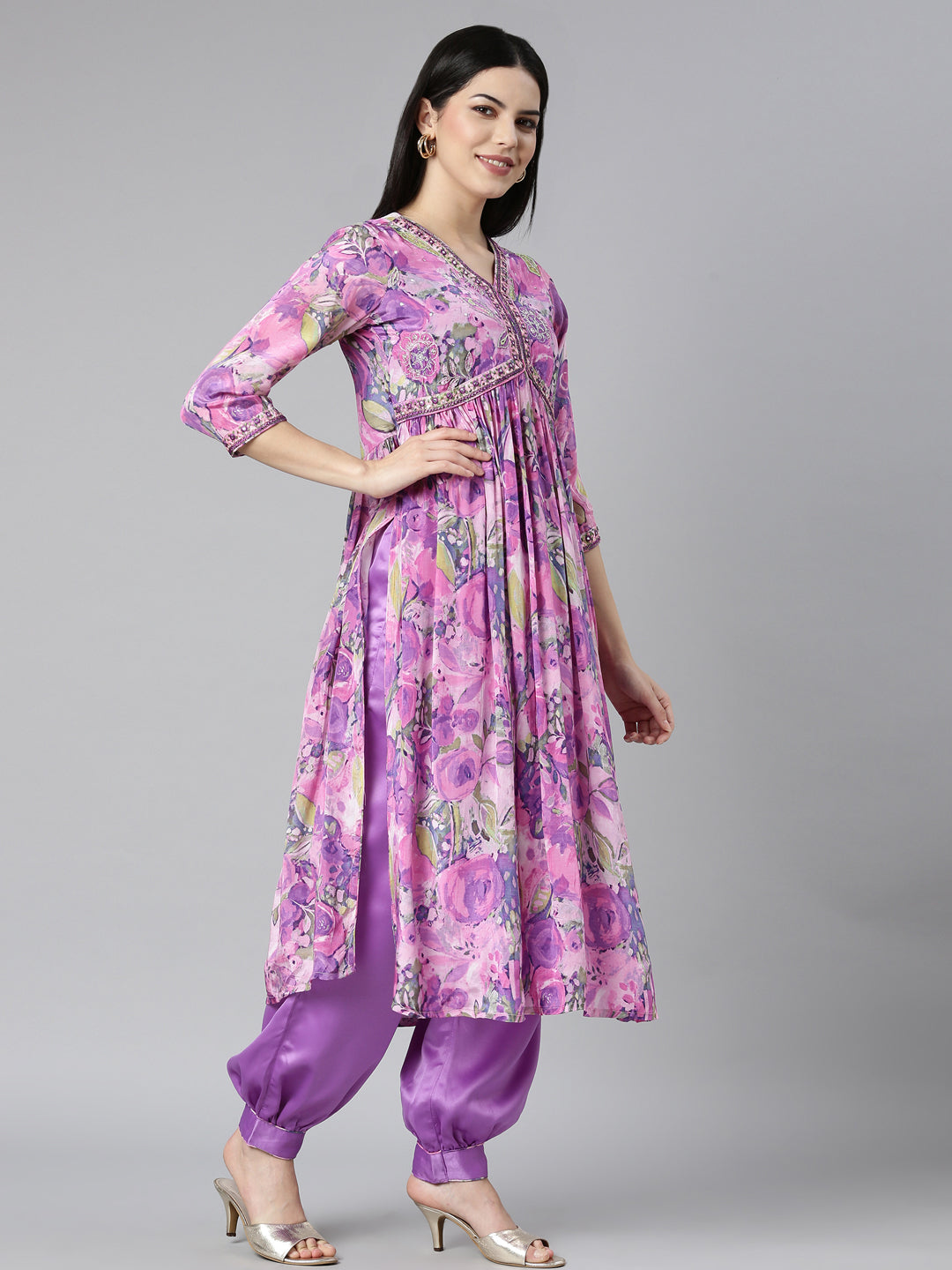 Neerus Purple crepe printed kurta set with dupatta - back view
