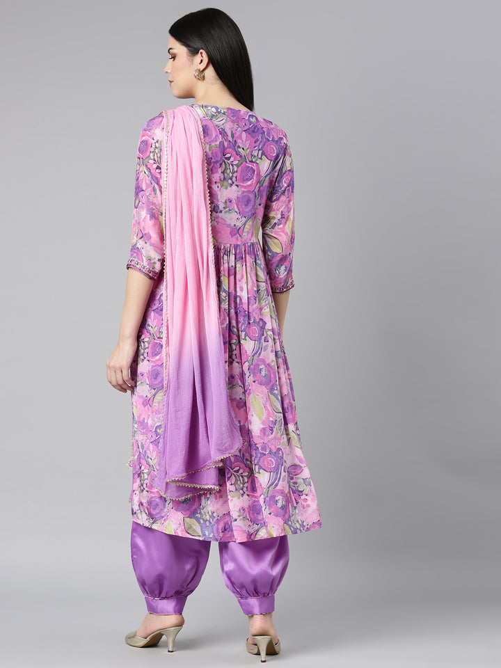 Neerus Purple crepe printed kurta set with dupatta - side view