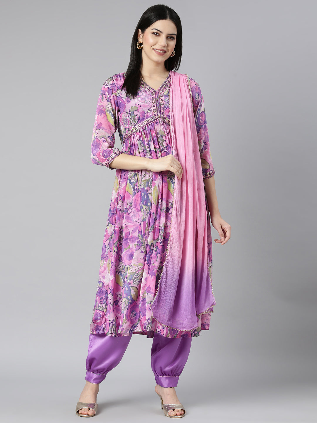 Neerus Purple crepe printed kurta set with dupatta - detail view 2