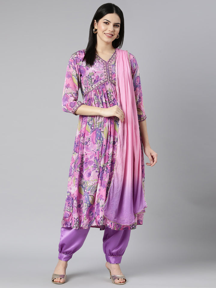 Neerus Purple crepe printed kurta set with dupatta - detail view 2