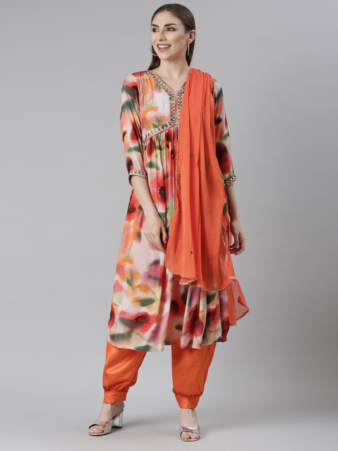 Neerus Orange Pleated Straight Floral Kurta And Salwar With Dupatta