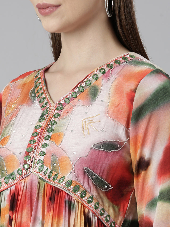 Neerus Orange Pleated Straight Floral Kurta And Salwar With Dupatta