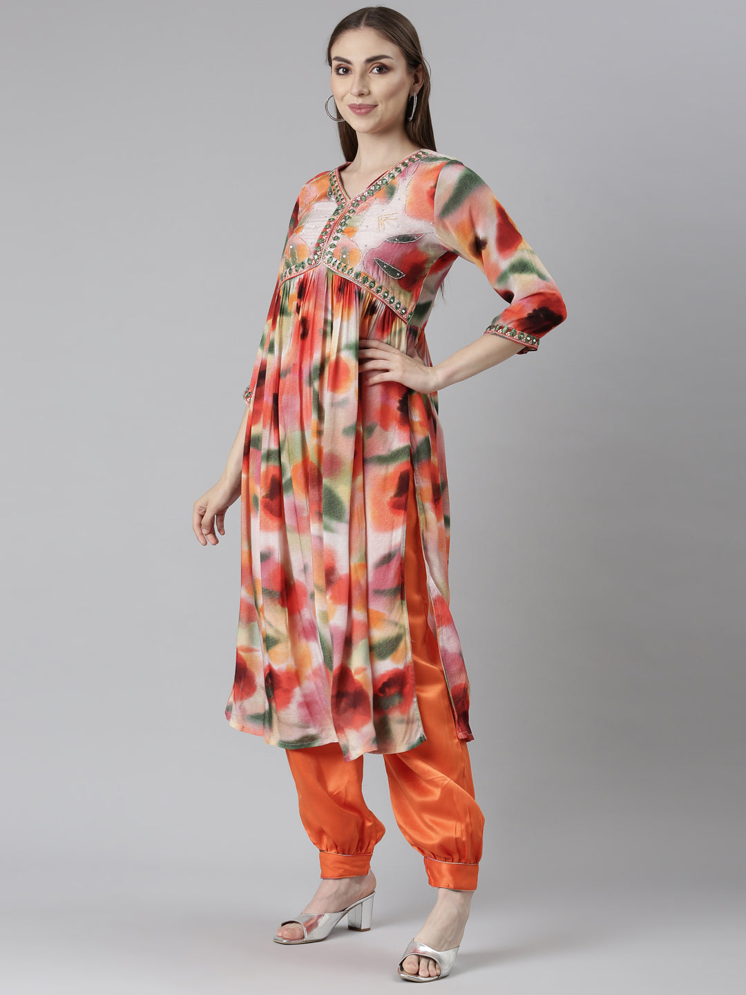 Neerus Orange Pleated Straight Floral Kurta And Salwar With Dupatta