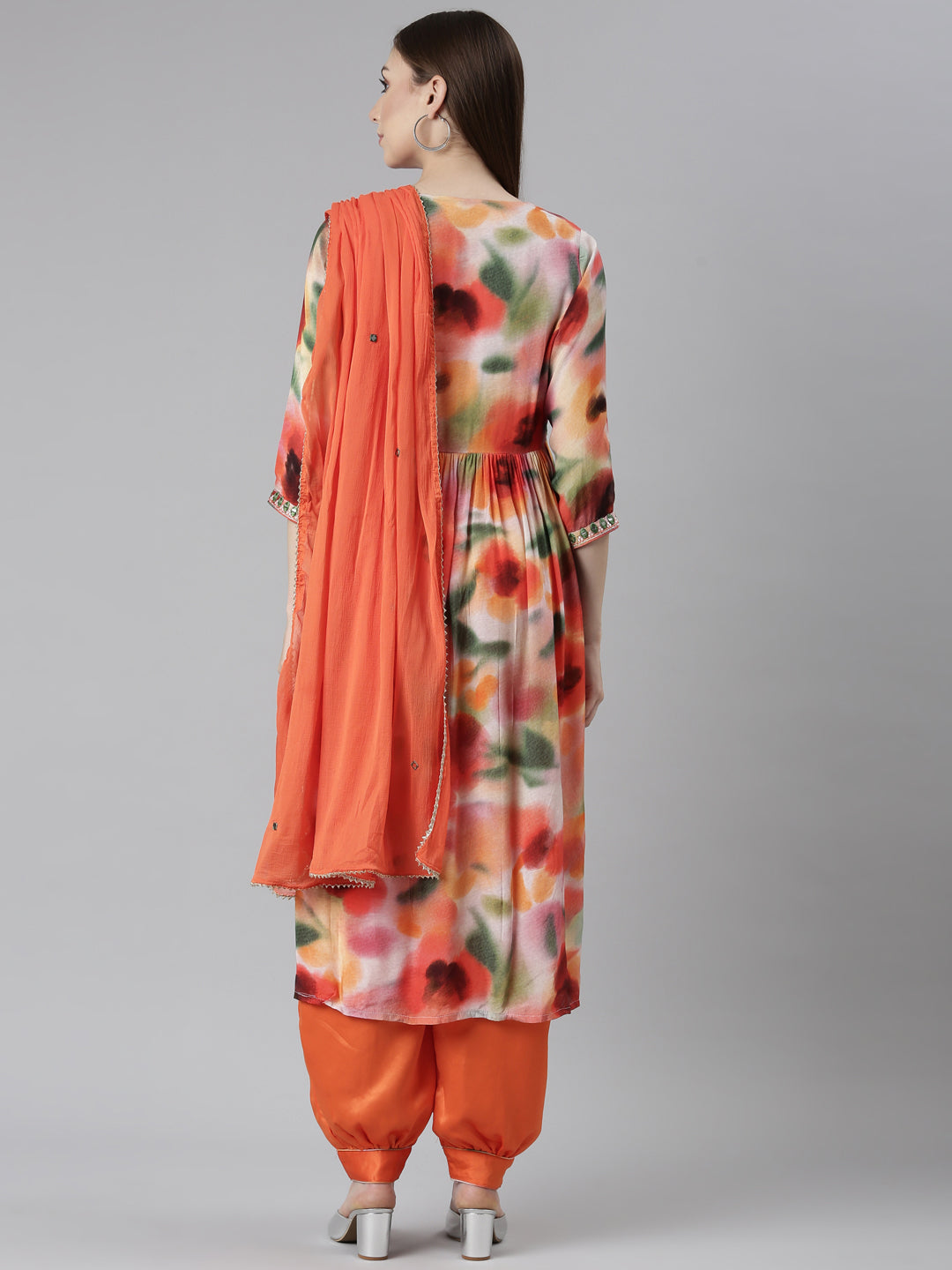 Neerus Orange Pleated Straight Floral Kurta And Salwar With Dupatta