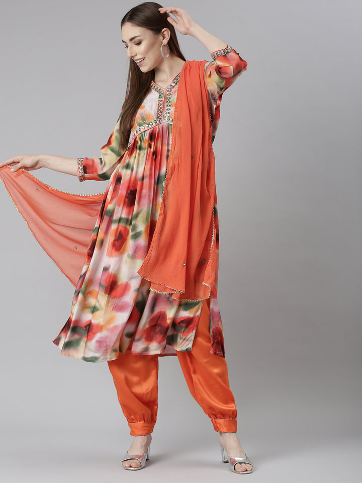 Neerus Orange Pleated Straight Floral Kurta And Salwar With Dupatta