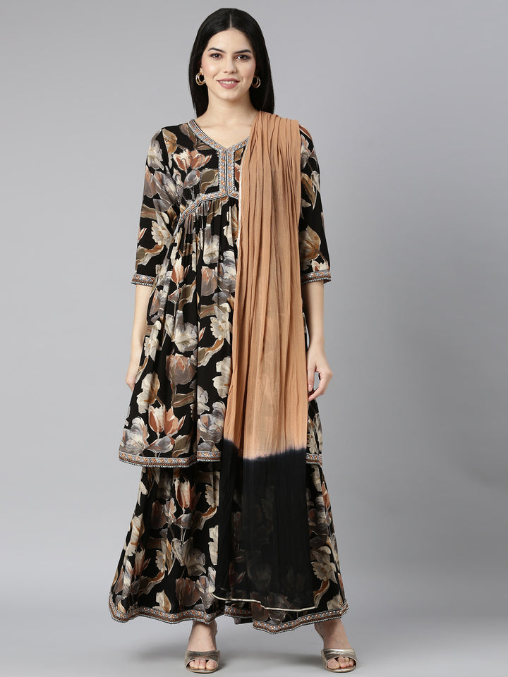 Neerus Black rayon printed kurta set with sharara and dupatta - front view