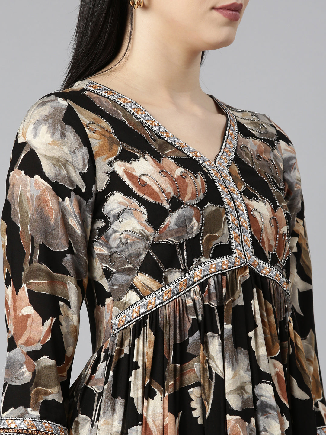 Neerus Black rayon printed kurta set with sharara and dupatta - detail view 1