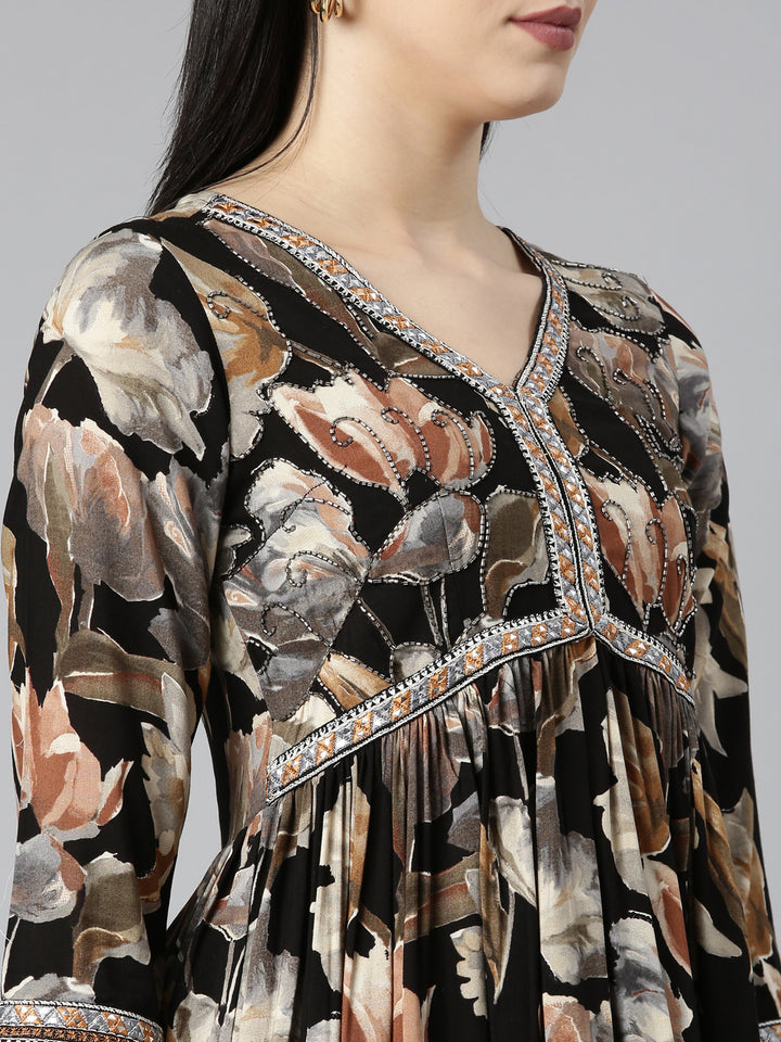 Neerus Black rayon printed kurta set with sharara and dupatta - detail view 1
