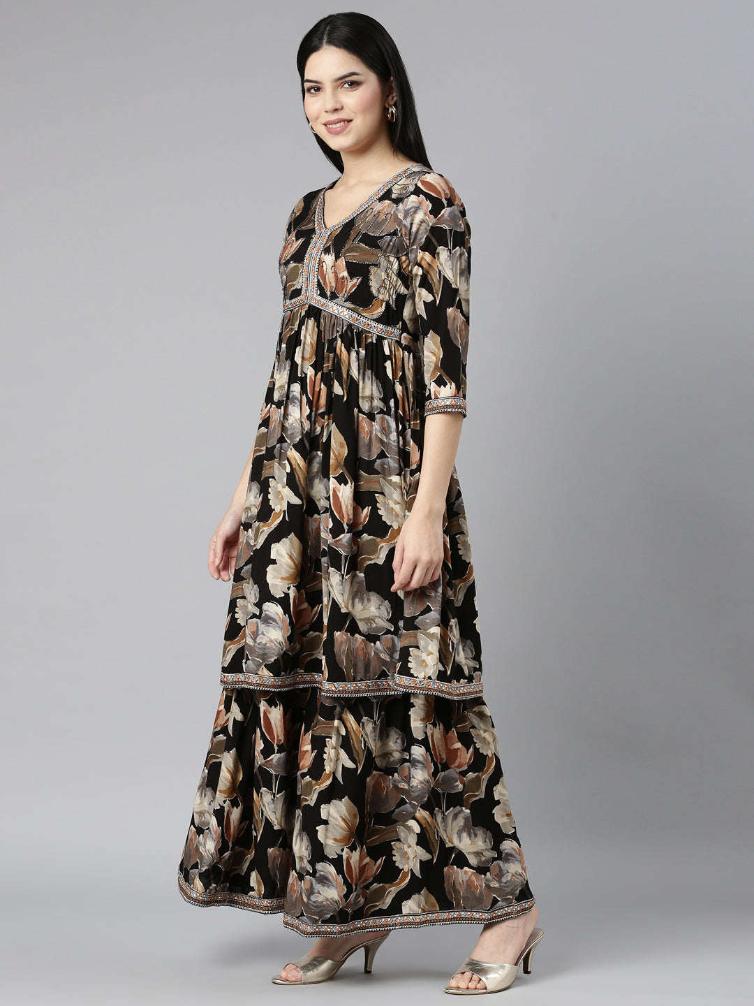 Neerus Black rayon printed kurta set with sharara and dupatta - back view
