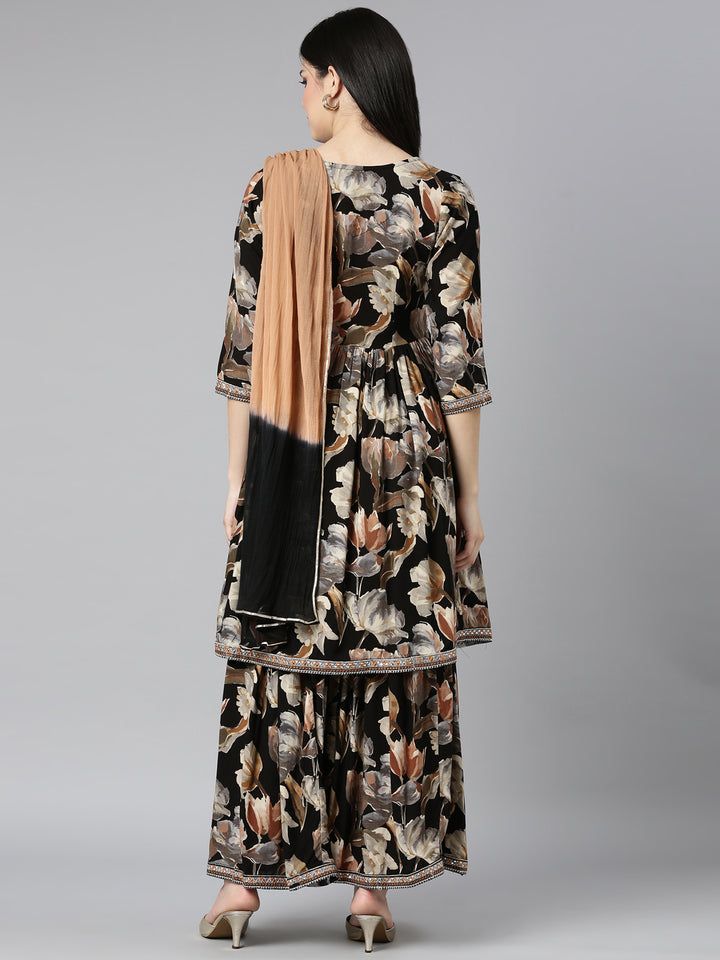 Neerus Black rayon printed kurta set with sharara and dupatta - side view