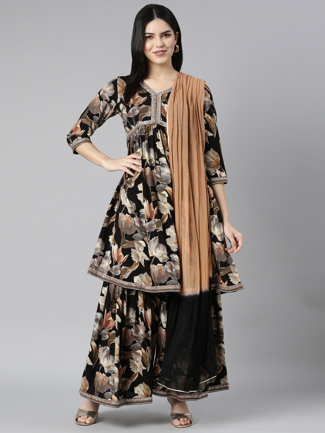 Neerus Black rayon printed kurta set with sharara and dupatta - detail view 2