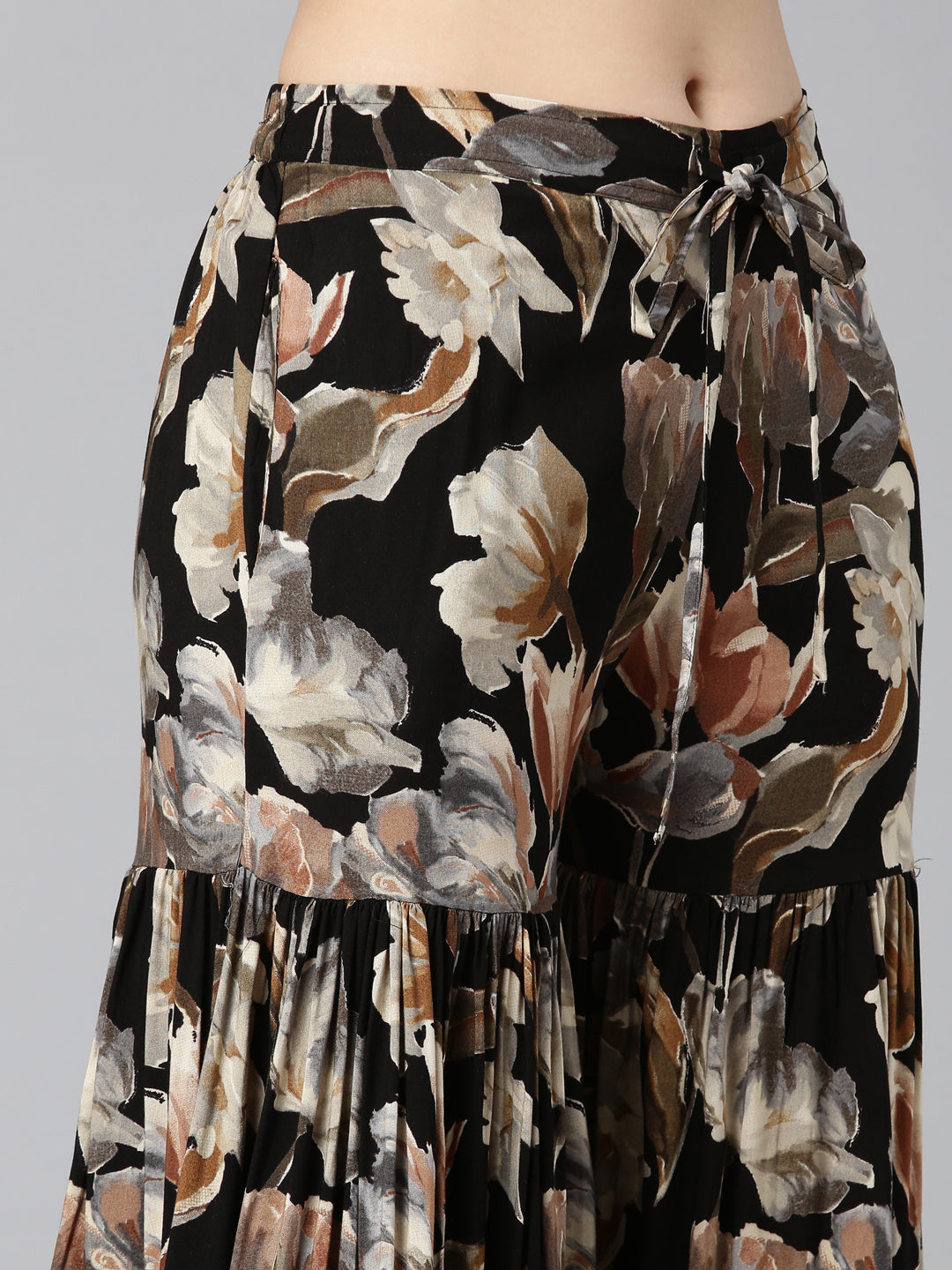 Neerus Black rayon printed kurta set with sharara and dupatta - detail view 3