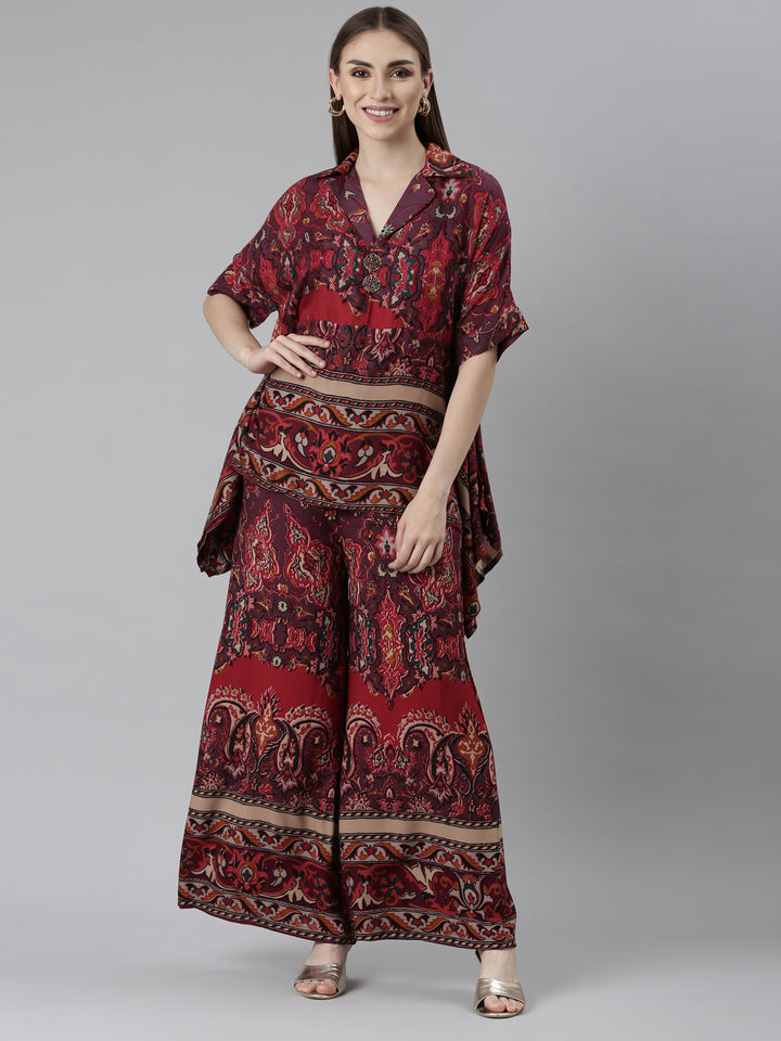 Neerus Rust Regular Straight Floral Co-Ords Set