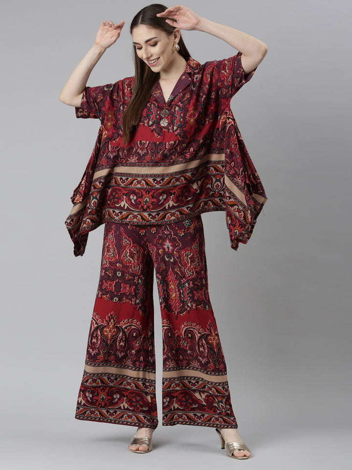 Neerus Rust Regular Straight Floral Co-Ords Set