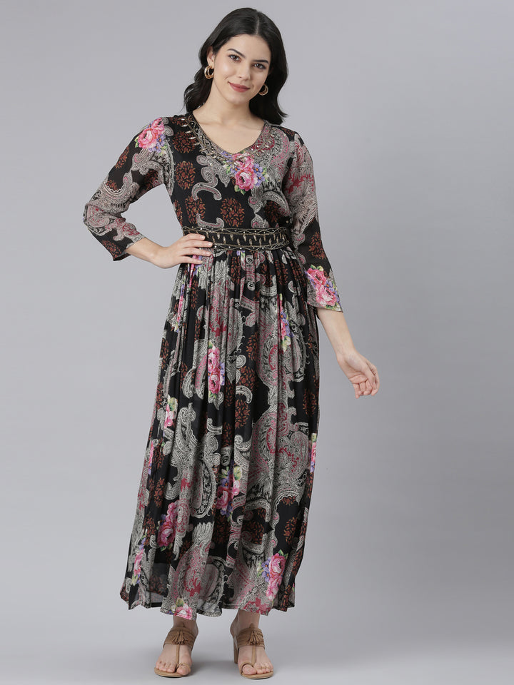 Neerus Black Flared Casual Floral Dresses