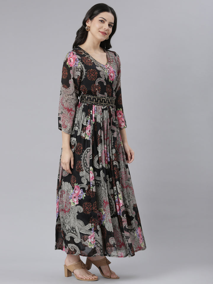 Neerus Black Flared Casual Floral Dresses