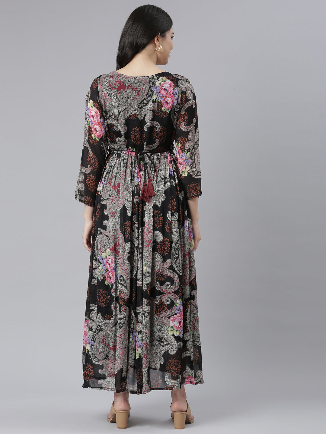 Neerus Black Flared Casual Floral Dresses