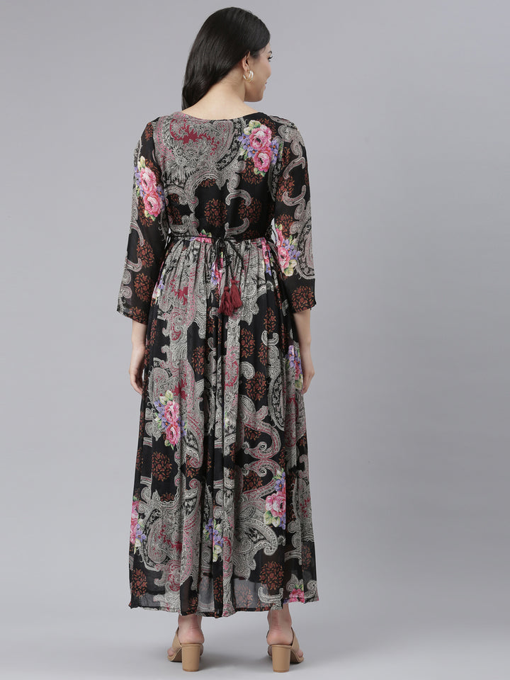 Neerus Black Flared Casual Floral Dresses