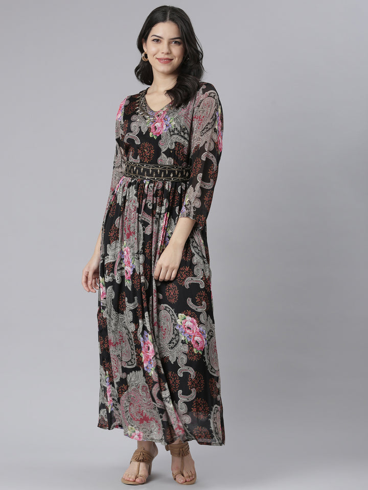 Neerus Black Flared Casual Floral Dresses