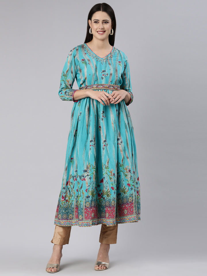 Neerus Blue Straight Casual Floral Dress