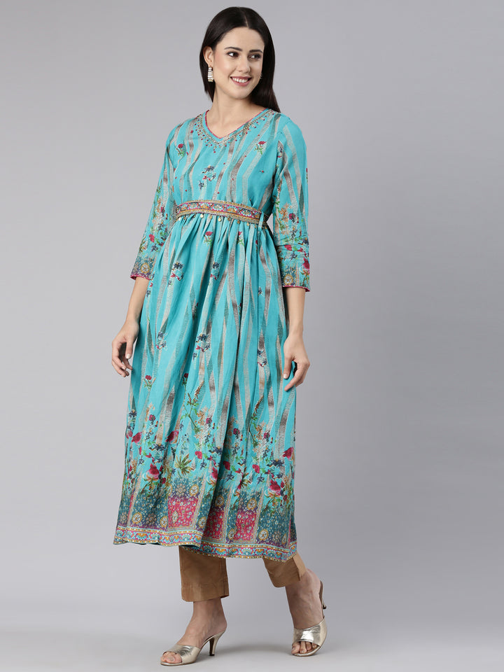 Neerus Blue Straight Casual Floral Dress