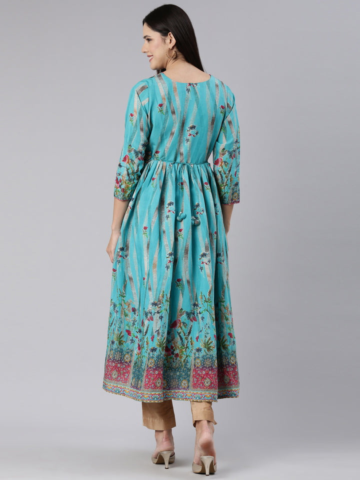Neerus Blue Straight Casual Floral Dress