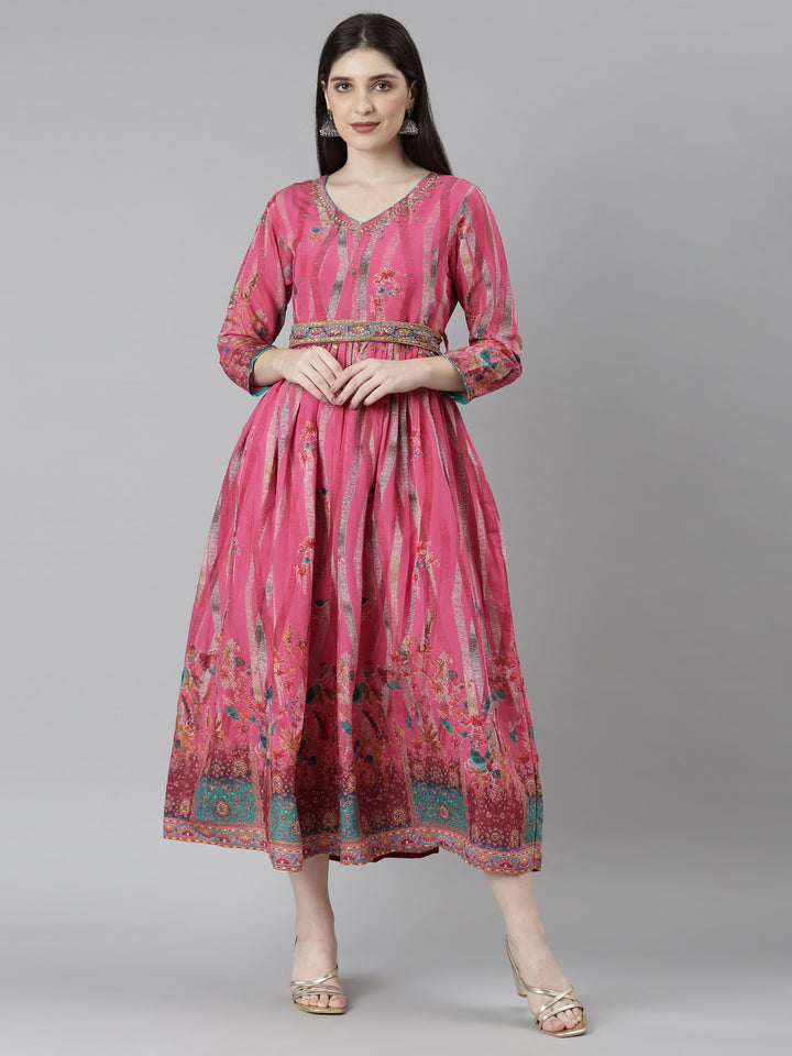 Neerus Pink Flared Casual Floral Dresses