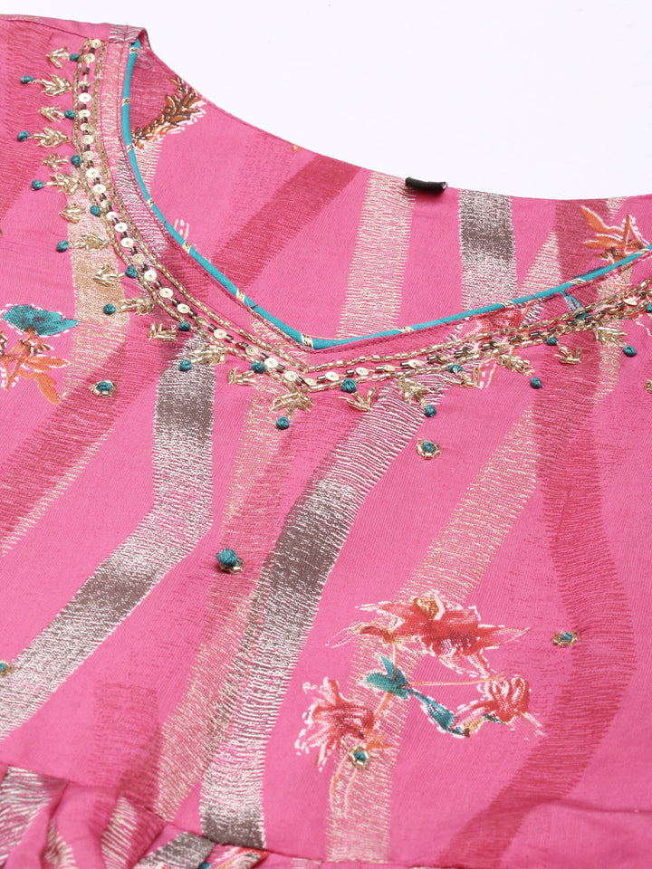 Neerus Pink Flared Casual Floral Dresses