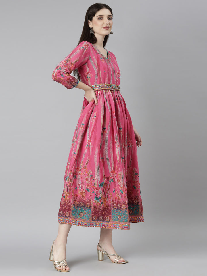 Neerus Pink Flared Casual Floral Dresses