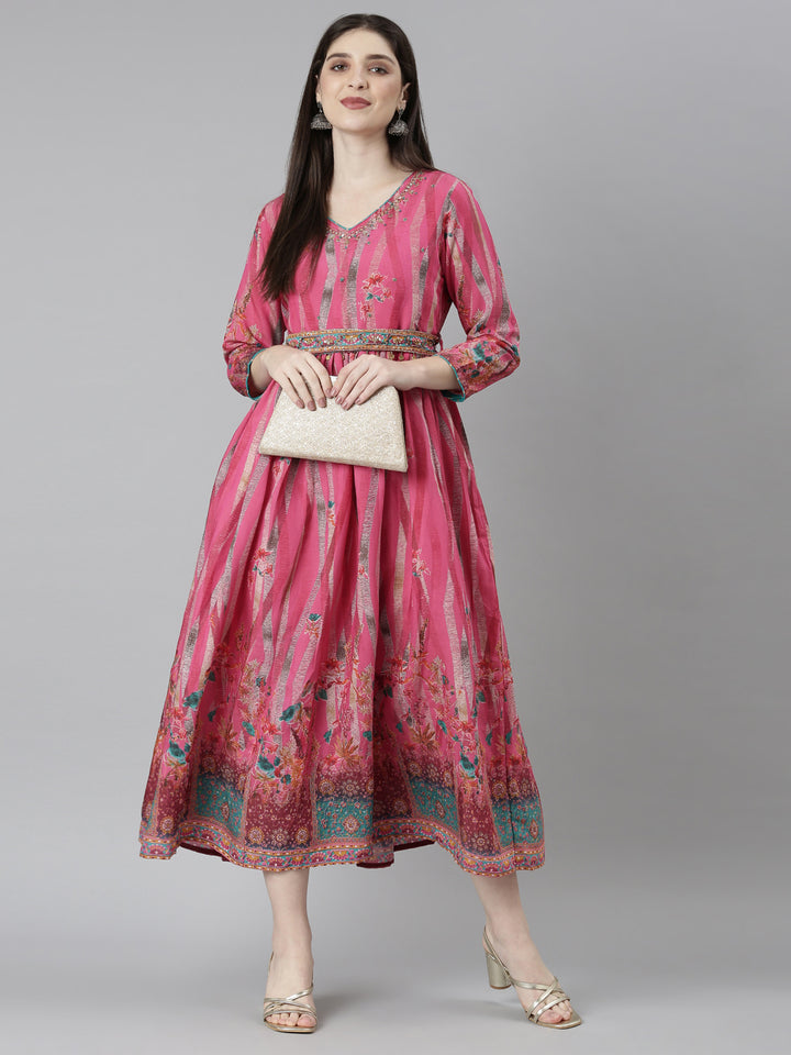 Neerus Pink Flared Casual Floral Dresses