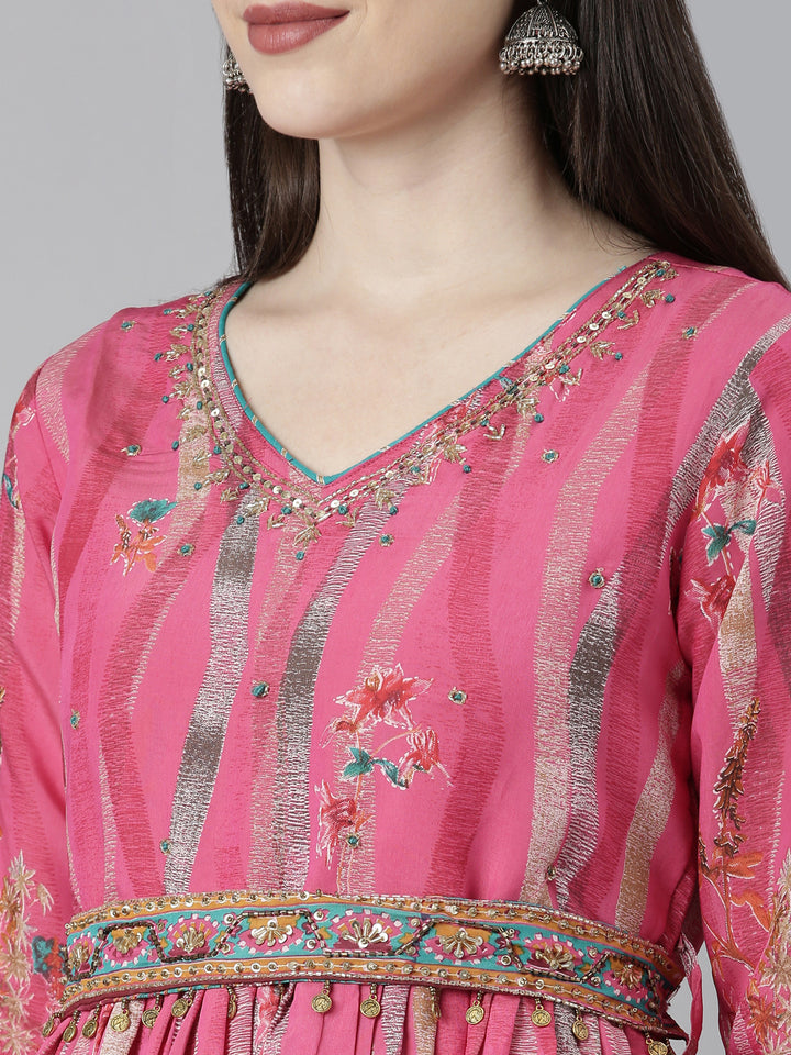 Neerus Pink Flared Casual Floral Dresses