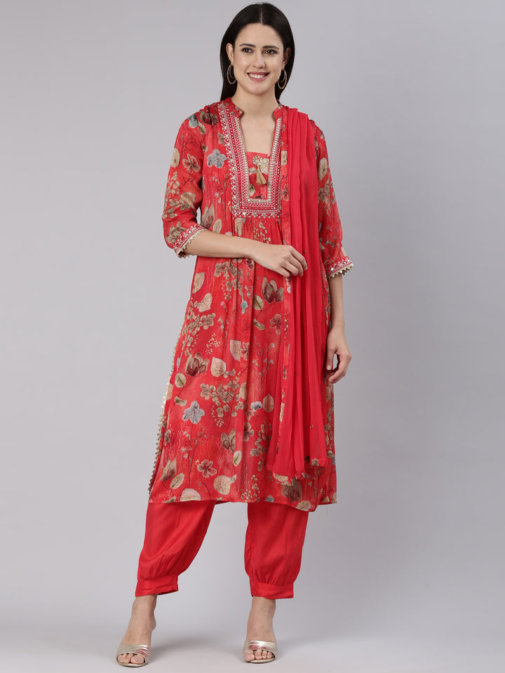 Neerus Red Pleated Straight Printed Kurta And Salwar With Dupatta