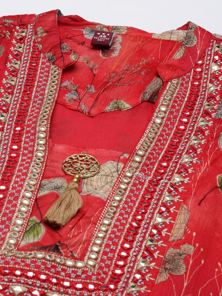 Neerus Red Pleated Straight Printed Kurta And Salwar With Dupatta