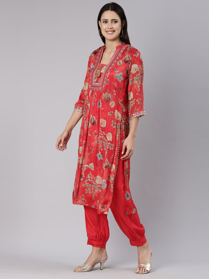 Neerus Red Pleated Straight Printed Kurta And Salwar With Dupatta
