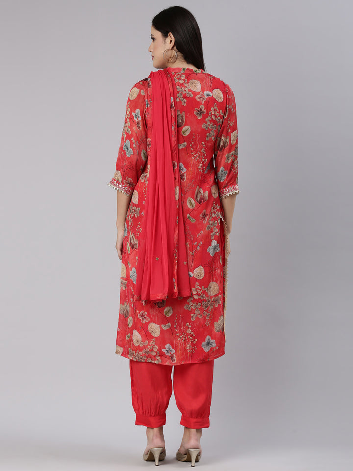 Neerus Red Pleated Straight Printed Kurta And Salwar With Dupatta