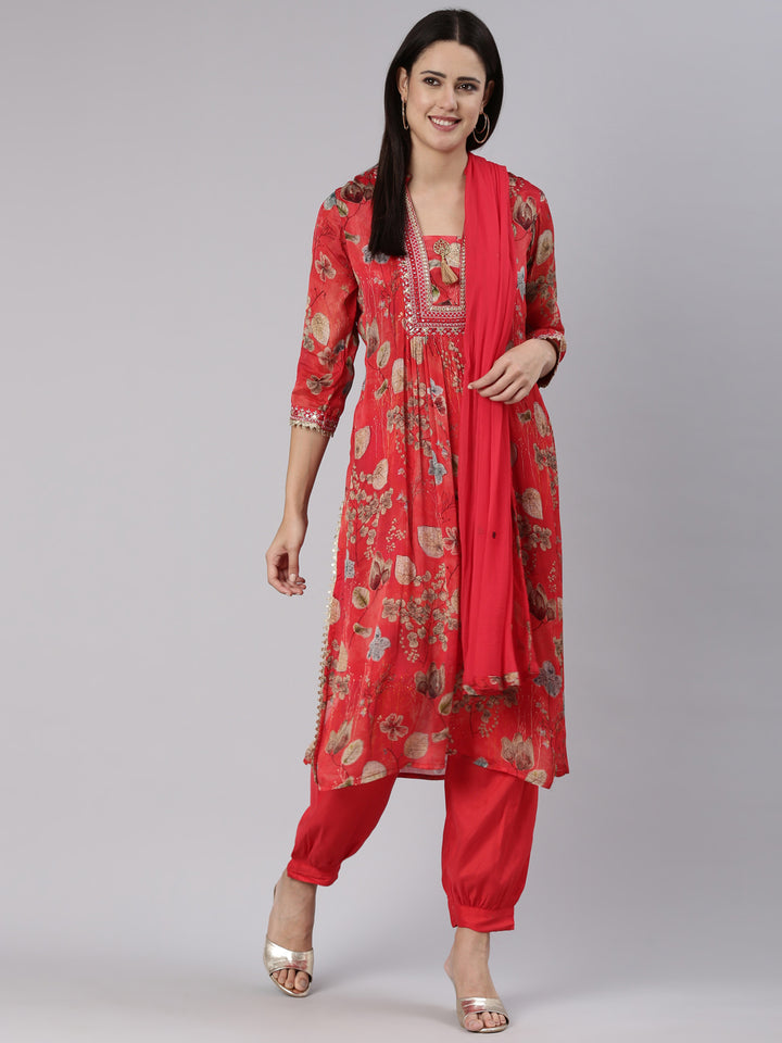 Neerus Red Pleated Straight Printed Kurta And Salwar With Dupatta