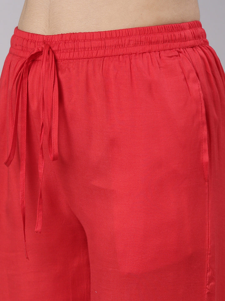 Neerus Red Pleated Straight Printed Kurta And Salwar With Dupatta