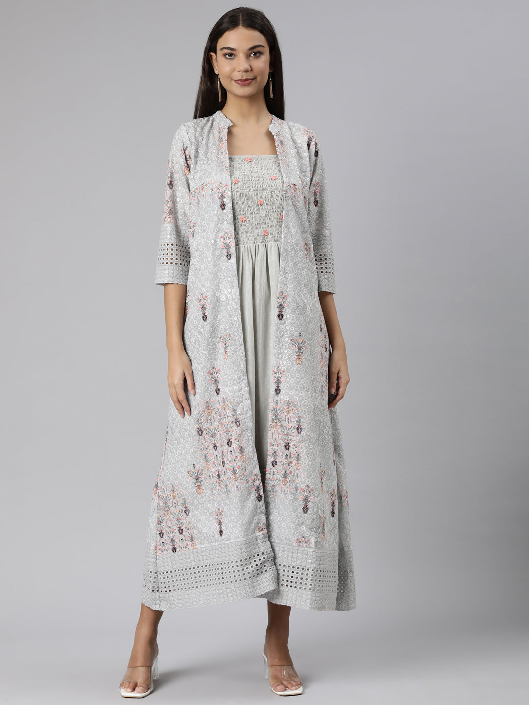 Neeru's Green Straight Casual Floral Dresses