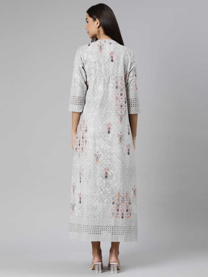 Neerus Green Straight Casual Floral Dresses