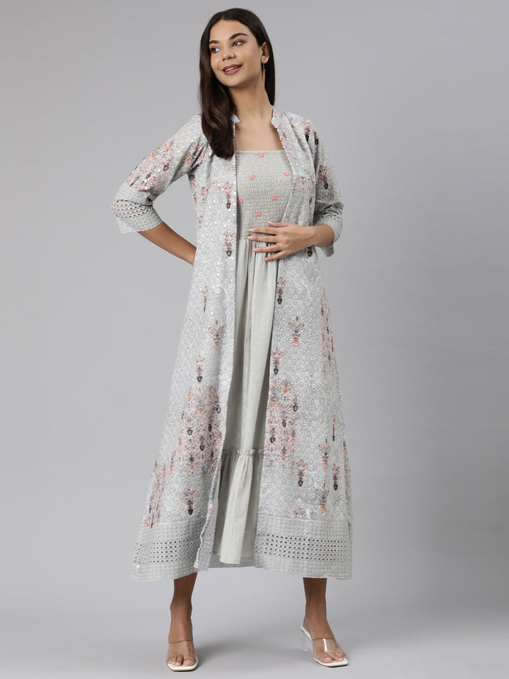 Neerus Green Straight Casual Floral Dresses