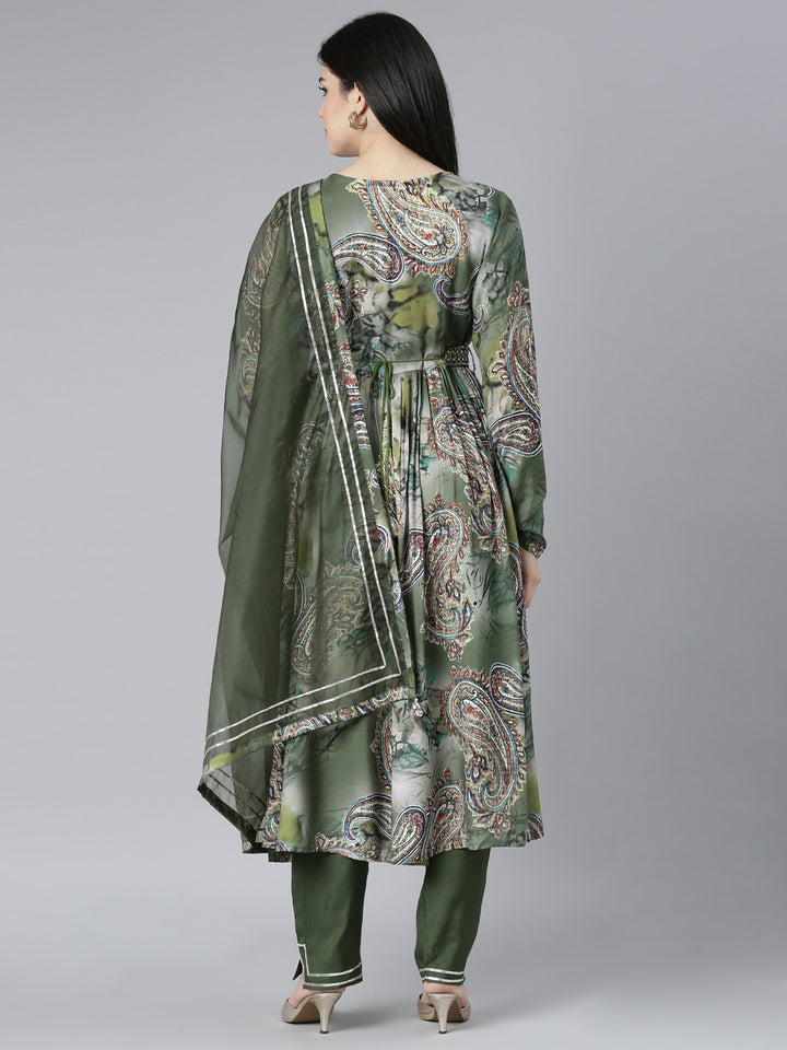 Neerus Olive Pleated Straight Paisley Kurta And Trousers With Dupatta