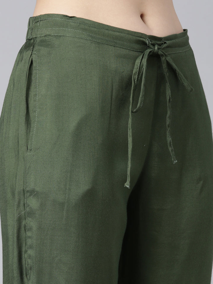 Neerus Olive Pleated Straight Paisley Kurta And Trousers With Dupatta