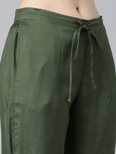Neerus Olive Pleated Straight Paisley Kurta And Trousers With Dupatta